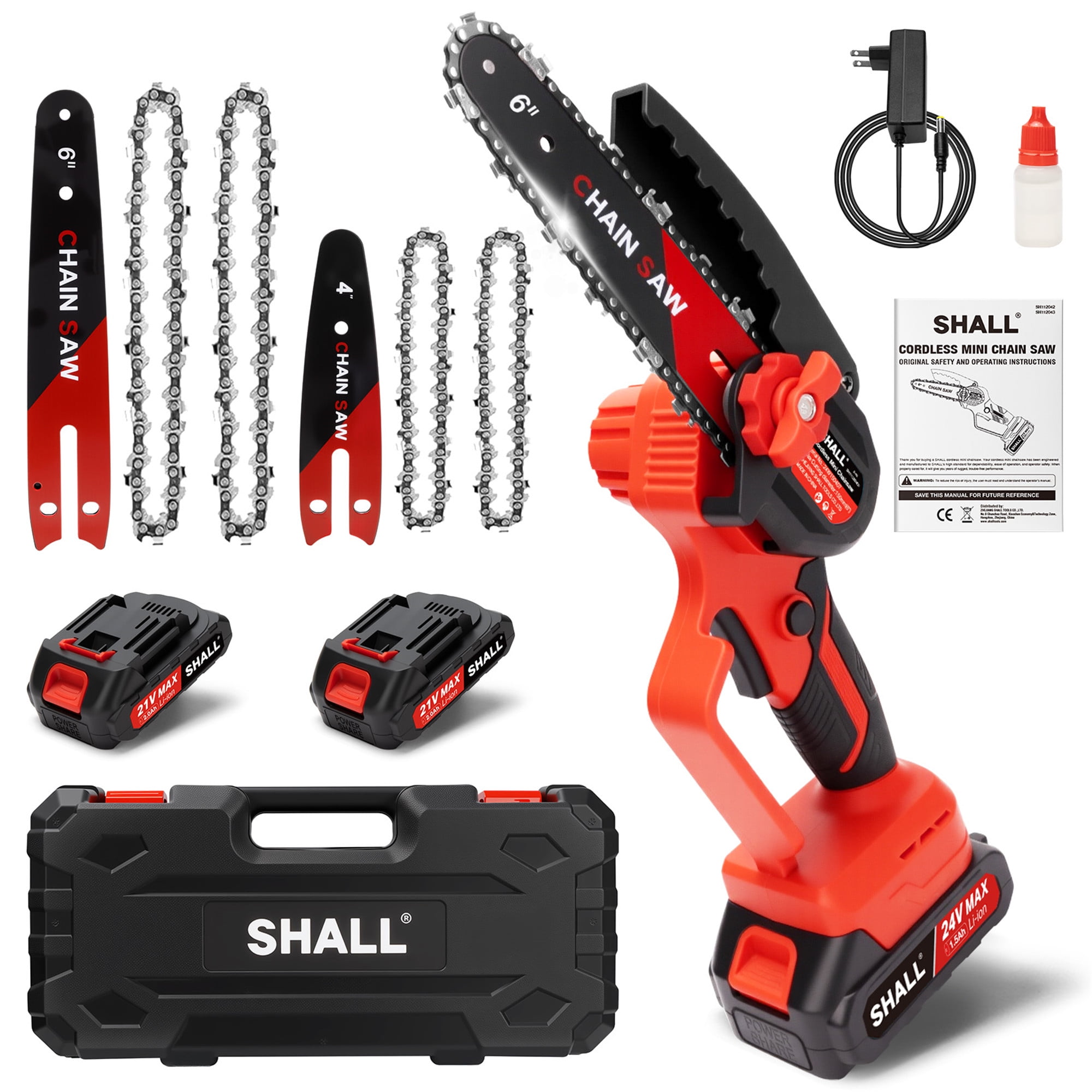 SHALL Mini Chainsaw Cordless 6 Inch & 4 Inch, 24V Portable Electric Chainsaw, Handheld ChainSaw  2 Batteries 4 Chains for Tree Branches,Courtyard,Household and Garden