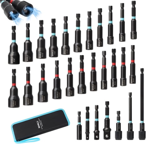 SHALL 29PCS Magnetic Nut Driver Set for Impact Drill, 1/4" Hex Shank Nut Driver Bit, SAE & Metric Cr-V Steel