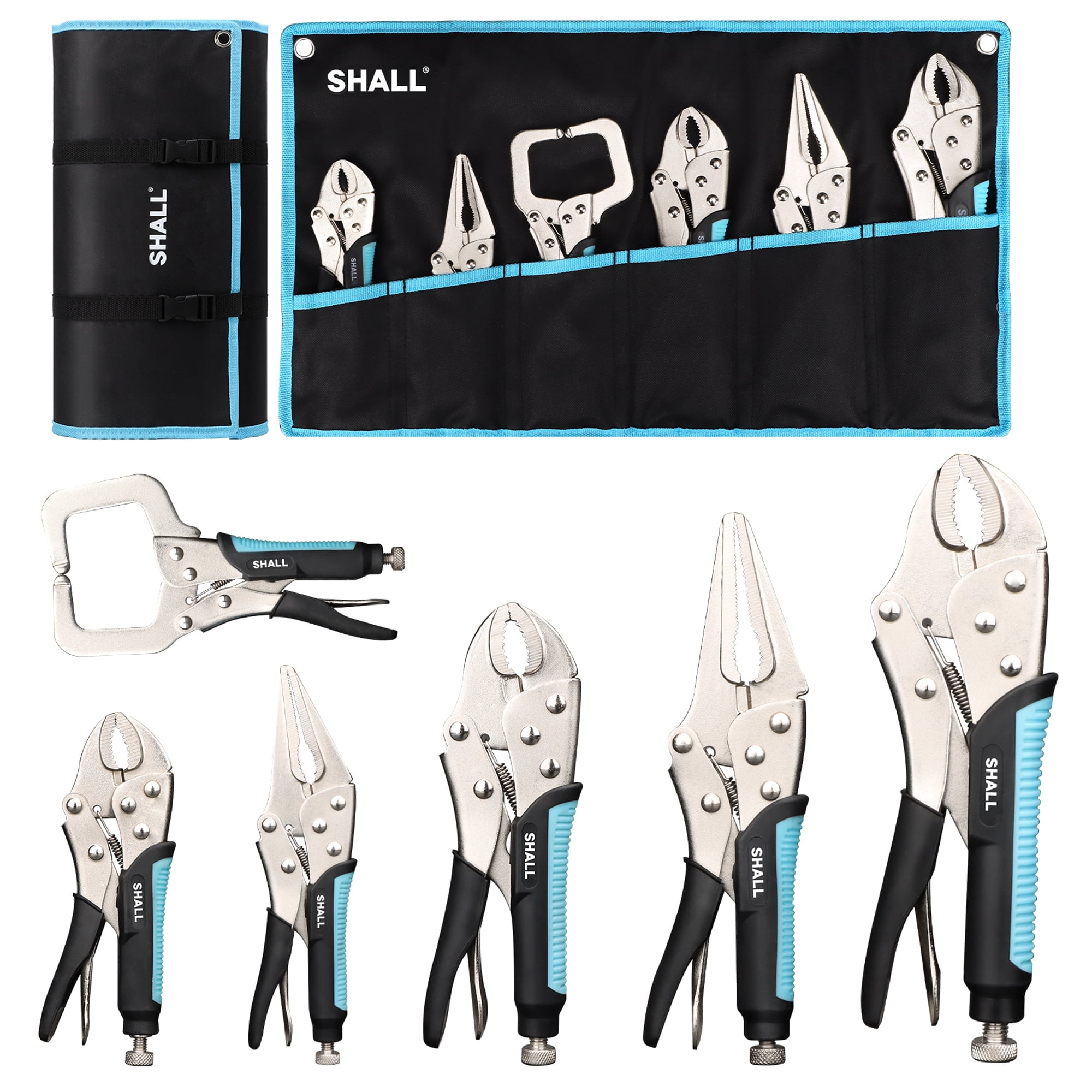 SHALL 6-Piece Locking Pliers Set with Curved Jaw, Long Nose & C