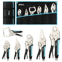SHALL 6-Piece Locking Pliers, Vice Grips Pliers Set, 5",7" & 10" Curved Jaw Locking Pliers, 6-1/2" & 9-1/2 Long Nose Locking Pliers, 6" Locking C-Clamp, Two-Color TPR Handle, Roll Up Pouch Included