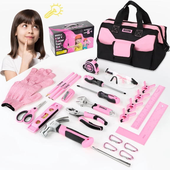 SHALL 6 Years+ Rubber, Steel Tool Kit with 12" Tool Bag, Pink (26 Pieces)