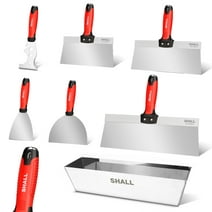 SHALL Drywall Knife Set, 7 Pcs Stainless Steel Drywall Hand Tool Kit Includes Putty knife, Taping knife, Painter Scraper Tool & 12" Mud Pan for Joint Taping, Finishing, Patching on Drywall, Wallpaper