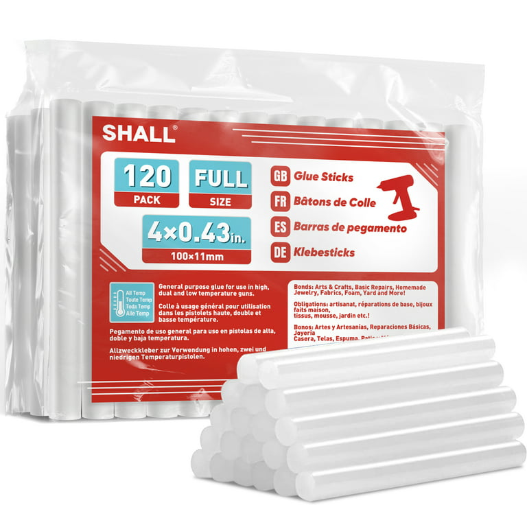 SHALL Full Size Hot Glue Sticks, 0.43” Dia x 4” Long, 120-pack Clear Hot  Melt Glue Gun Sticks for All-Temp Glue Guns, Multipurpose for Kids Adults  DIY