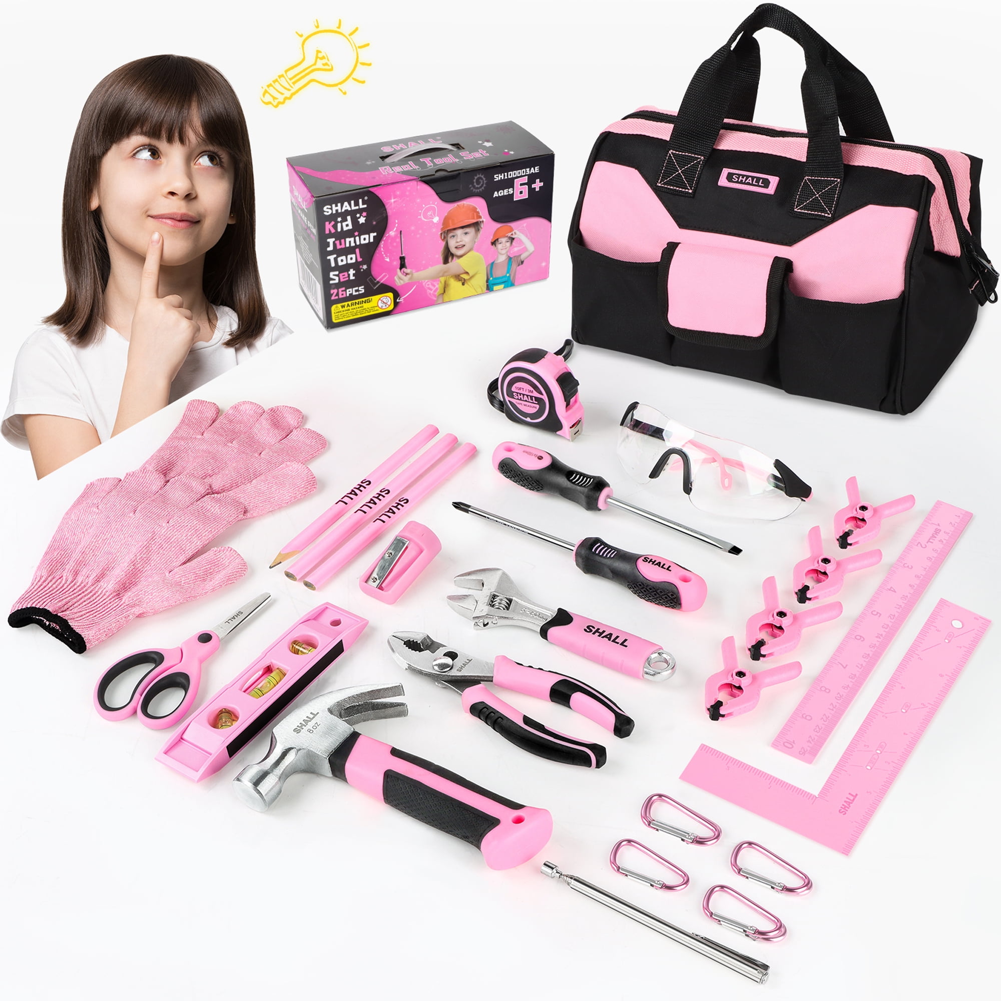 SHALL Kids Tool Set , 26-Piece Tool Kit with 12 Tool Bag, Real Tools for  kids Starter Set Boys & Girls Age 6+, DIY Building, Woodwork, Construction  Pink 