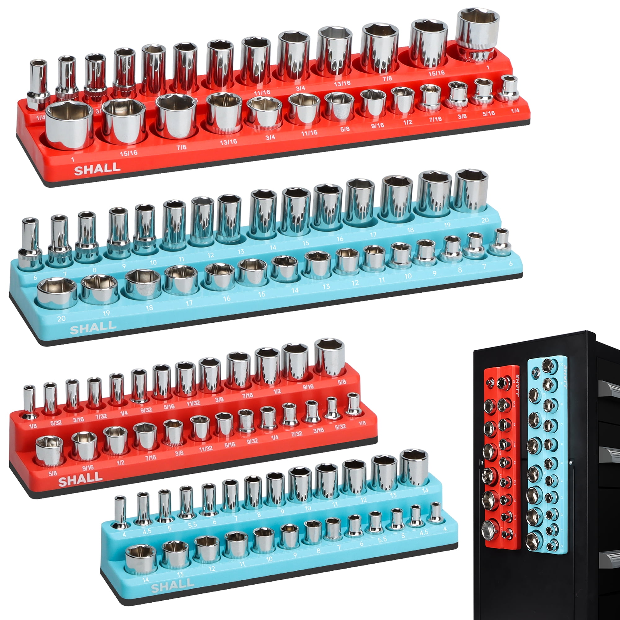 OEMTOOLS 22413 6 Piece SAE and Metric Socket Tray Set (Red and Gray), 1/4,  3/8, and 1/2 Drive Socket Holders Organizers for Tool Box 