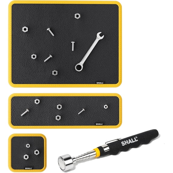 SHALL Magnetic Tool Parts Mat and Telescoping Magnetic Pickup Tool, Flexible Magnetic Tool Holder Pad W/ 83 Built-In-Magnets & 25LBS Pull Force Extendable Magnet Hold Mechanic Wrenches Screws Bolts