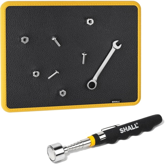 SHALL Magnetic Tool Parts Mat and Telescoping Magnetic Pickup Tool, Flexible Magnetic Tool Holder Pad W/ 83 Built-In-Magnets & 25LBS Pull Force Extendable Magnet Hold Mechanic Wrenches Screws Bolts