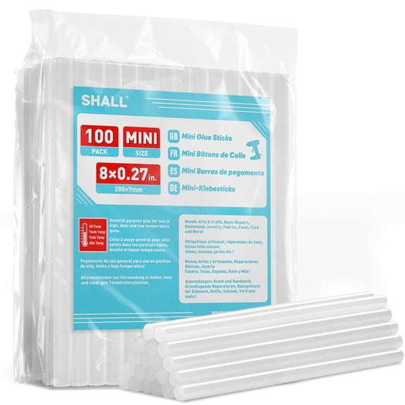 SHALL Mini Hot Glue Sticks, 0.27 Dia x 8 Long, 100-pack Clear Hot Melt Glue Gun Sticks for All-Temp Mini Glue Guns, Multipurpose for Kids Adults DIY Art Craft Sealing Repairing Festival Decoration