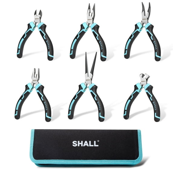 SHALL Mini Pliers Set, 6-Piece Small Pliers Tool Set Includes Needle Nose Pliers, Long Nose, Bent Nose, Diagonal, End Cutting and Linesman for Making Crafts, Electronic Repairing & Jewelry with Pouch