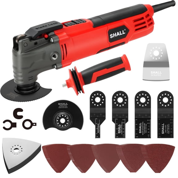 SHALL Oscillating Tool, Oscillating Multitool Kit, 3 Oscillation Angle, Easy Change & Kickback Protection, 6 Variable Speeds, Auxiliary Handle, 40Pcs Saw Accessories Included