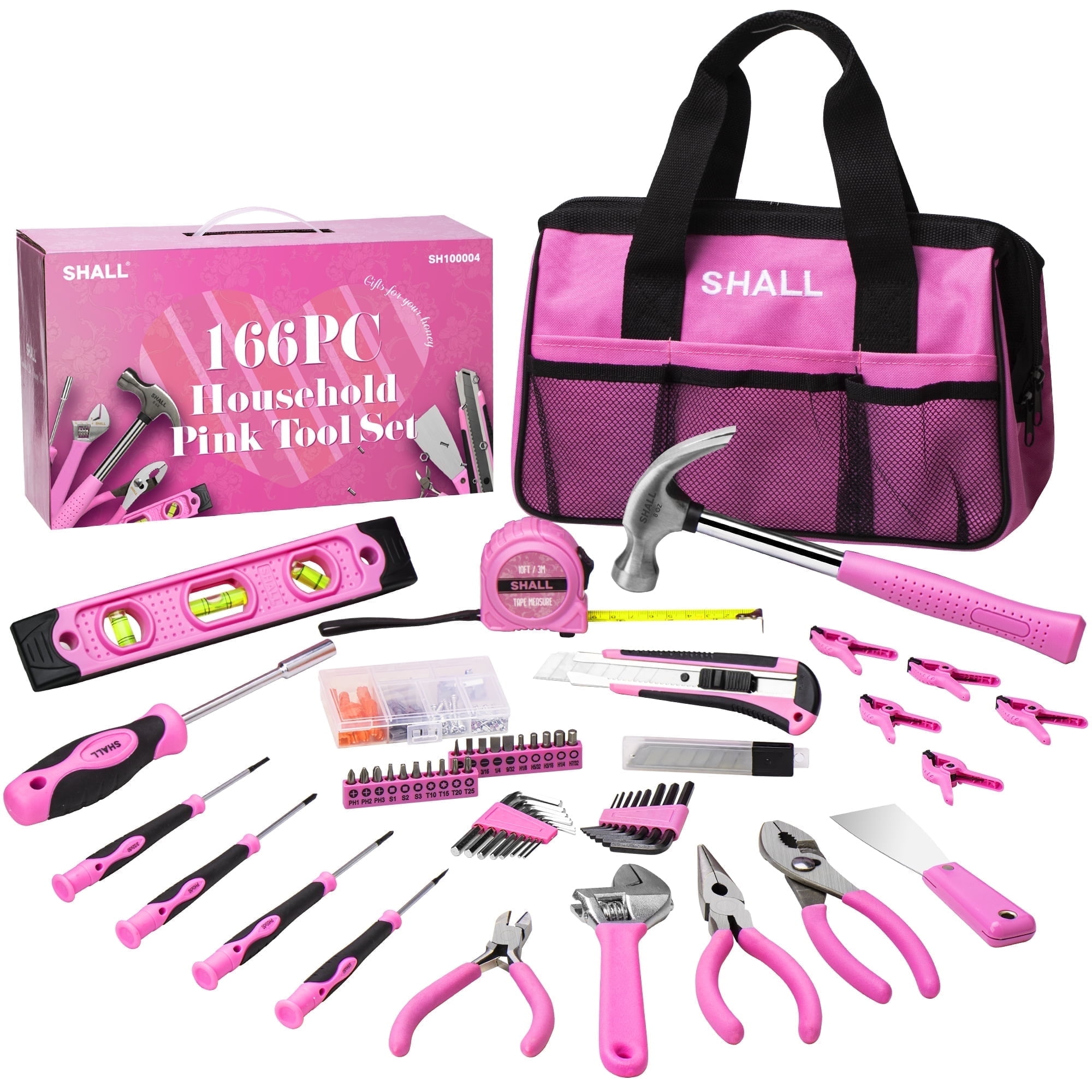 SHALL Pink Tool Set for Women, 166pcs Home Tool Kit with 12