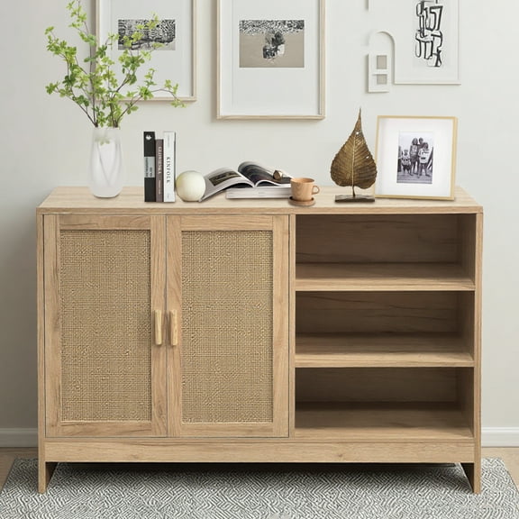 SHALLWE 51" Rattan Buffet Cabinet, Modern Accent Sideboard with Adjustable Shelves