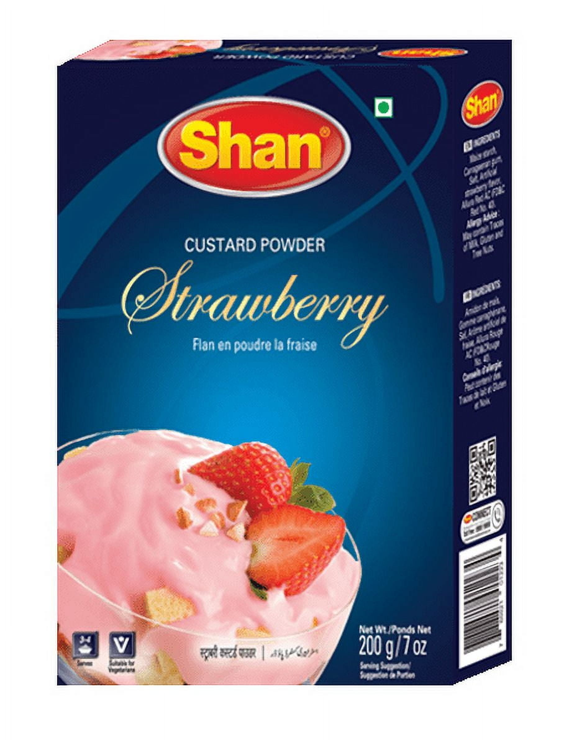 Shan - Custard Powder Strawberry 7 oz (200g) - Flan en Poudre la Fraise - Essential Dessert for any Occasion - Suitable for Vegetarians - Airtight Bag in a Box