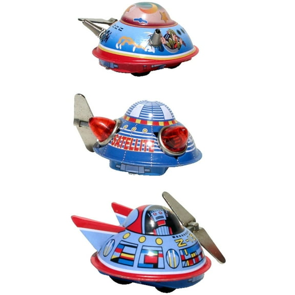 Alexander Taron Spaceships Win-up Collectible Tin Toys - 2.5" - Set of 3 - Blue and Red