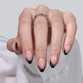 SHANGMENG Black French Tip Press On Nails Almond, Salon Quality, 3D Bow Silver Ribbon, Reusable Fake Nails Kit with Glue32 Count