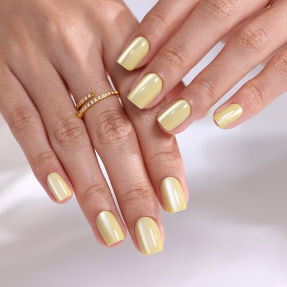 SHANGMENG Soft Gel Short Square Press-On Nails Yellow Cat Eye, Naturally Stick on Nails in 32PCS Reusable Fake Nails Kit with Glue,Butter Yellow