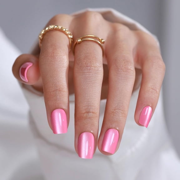 SHANGMENG Soft Gel Press on Nails Short Square Pink Cat Eye, Naturally Stick on Nails in 32PCS Reusable Fake Nails Kit with Glue, Sweet Kiss