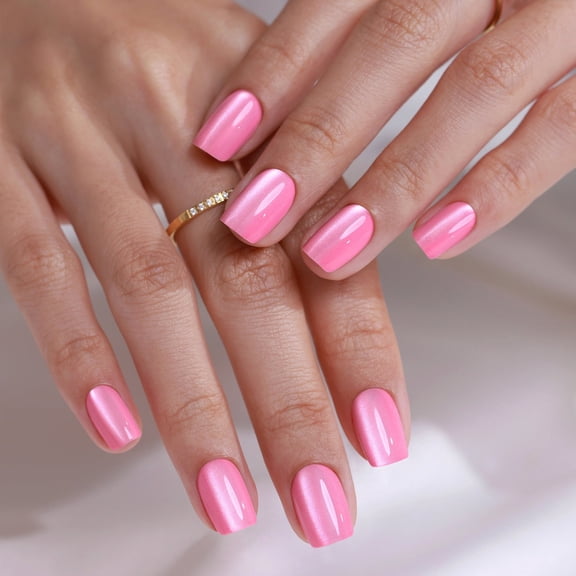 SHANGMENG Cat Eye Press-On Nails, 32PCS Short Square, Sakura Pink, Non-Toxic & Reusable Fake Nails Kit with Glue