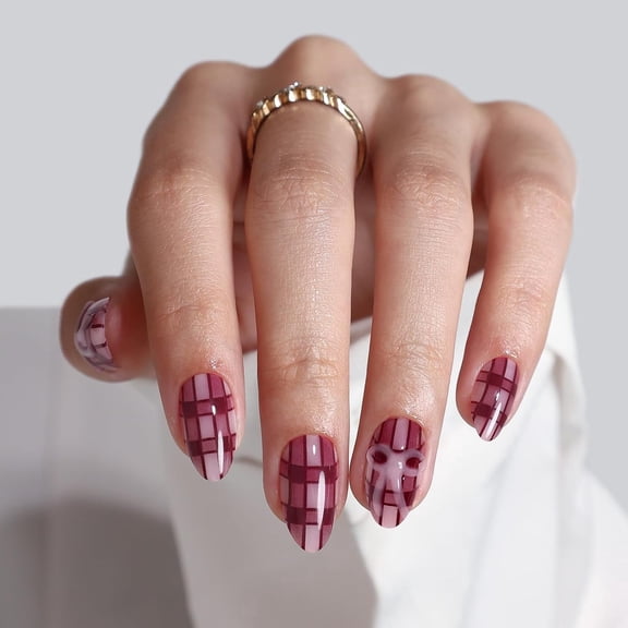 SHANGMENG Deep Red Plaid Press on Nails Short Almond , College Style, 32PCS Reusable Fake Nails Kit with Glue,Red Grid