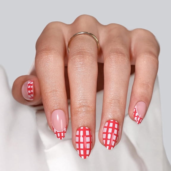 SHANGMENG French Tip Press on Nails Short Almond , Red Plaid Mixed, 32PCS Reusable Fake Nails Kit with Glue,Picnic Time