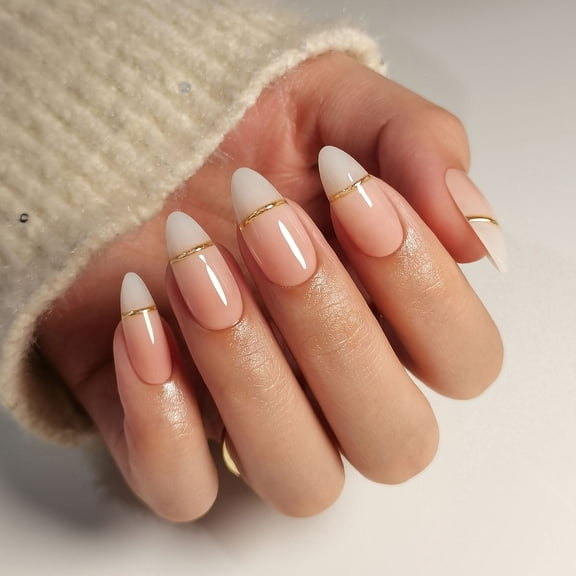 SHANGMENG Ombre French Tip Press On Nails Almond Nails, Salon Quality, 3D Gold Ribbon , Reusable Fake Nails Kit with Glue32 Count