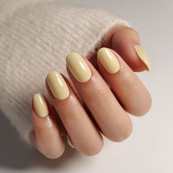 SHANGMENG Yellow Press on Nails Short Oval False Nails, Salon Quality Reusable Fake Nails with Glue,Butter Yellow,32 count