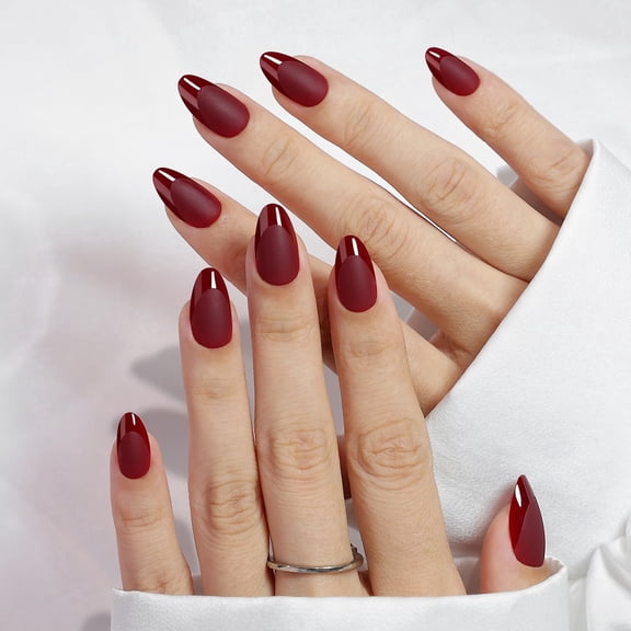 SHANGMENG Press on Nails Short Almond, Glossy French Tips in a Matte Red Finish, Salon Quality Reusable Fake Nails, 32 count