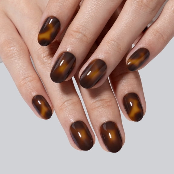 SHANGMENG Soft Gel Press on Nails Oval, Naturally Stick on Nails in 32PCS Reusable Fake Nails Kit with Glue, Amber Memory