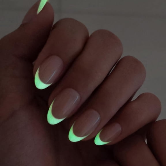 SHANGMENG White French Tip Press on Nails Short Almond , Glow in The Dark, 32PCS Reusable Fake Nails Kit with Glue,Moonlit Ballet