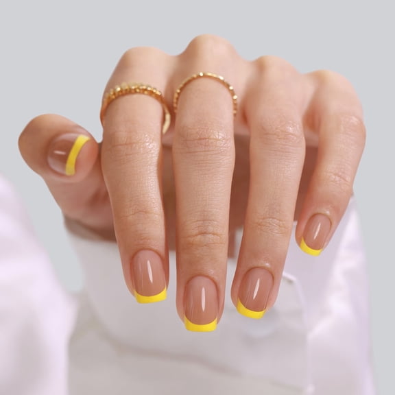SHANGMENG Soft Gel Press on Nails Short Square, Nude French Tip, Naturally Stick on Nails in 32PCS Reusable Fake Nails Kit with Glue, Yellow French