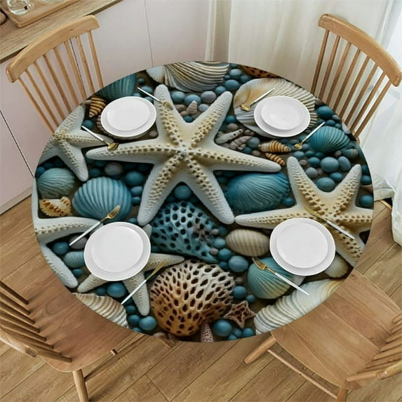 SHANGNIULU Round Fitted Tablecloth with Elastic Starfish Seashell Wooden Elastic Table Cover Round Elastic Tablecloth for Round Table Waterproof Wipeable Fitted Table Cloth