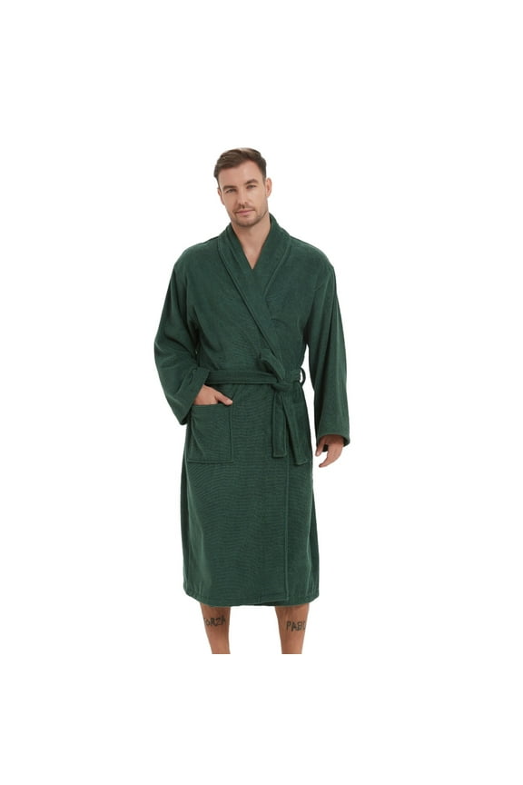 Knee Length Mens Bathrobe, Pure Cotton Terry Cloth Hotel Robe Super Absorbent Kimono Towel Robe
