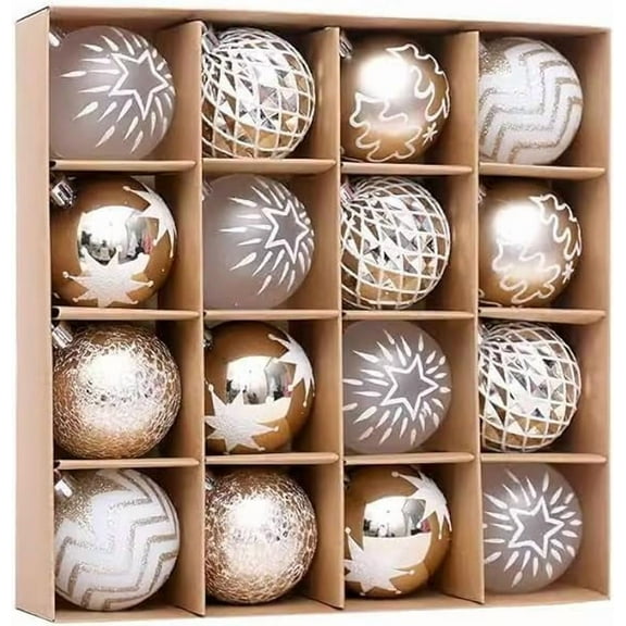 SHANJIA Christmas Tree Decorations, 16 PCS Christmas Ornaments Set, Plastic Champagne Gold White Shatterproof Hanging Ornaments