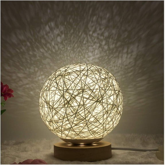 SHANJIA LED Rattan Ball Table Light, Round Base Dimmable Night Lights USB Powered Rattan Ball Lamp Creative Birthday Gift Bedroom Home Bookroom Decor