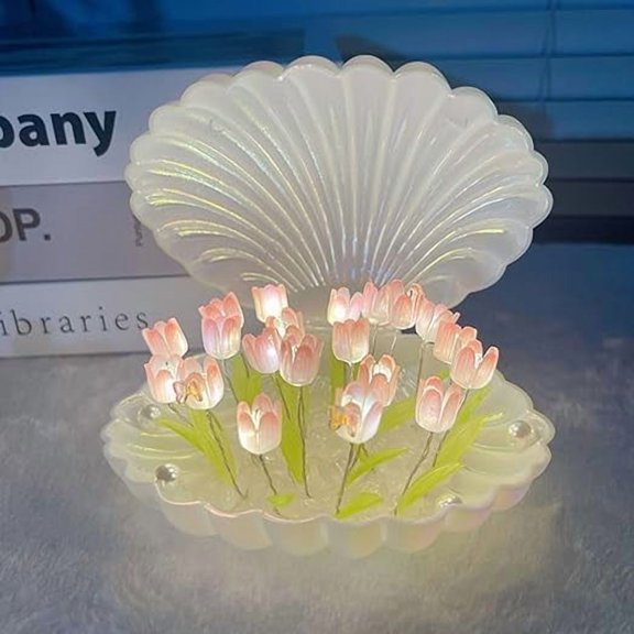SHANJIA Shell Tulip Night Light, DIY Tulip Night Light,Tulip Lamp Romantic Tulip Night Light Decoration, Simulation Flower Light for Lovers Gifts (Blue, 10 Flowers DIY)