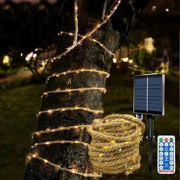 SHANJIA Solar String Lights, LED Decorative Garden Warm White Natural Hemp Rope String Fairy Light Waterproof Garden Outdoor Decor for Gazebo, Christmas, Camping