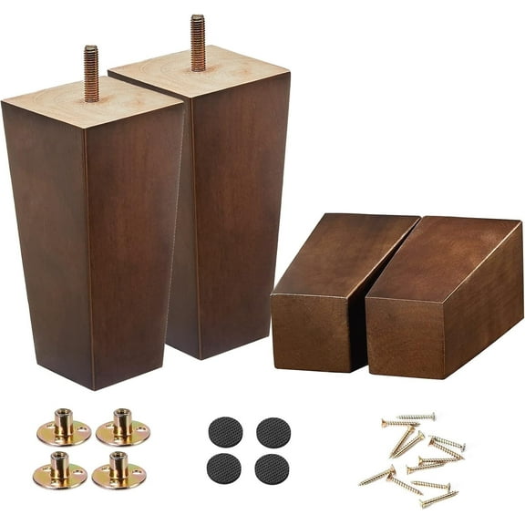 SHANJUE 6 Inch Height Square Sofa Legs, Brown with 4 Piece Set for Couch, Desk, Coffee Table