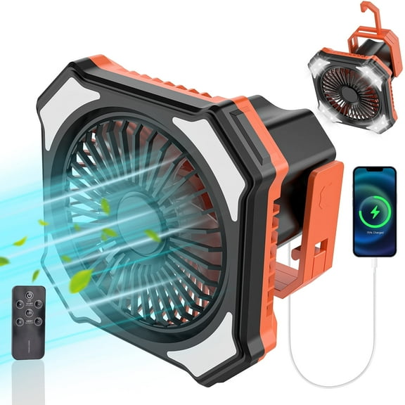 SHANLIDA Three in One LED Camping Light, Portable Tent Fan with Remote Control, Outdoor Picnic Fan 5000mAh Rechargeable Portable Power Bank (Black Orange)