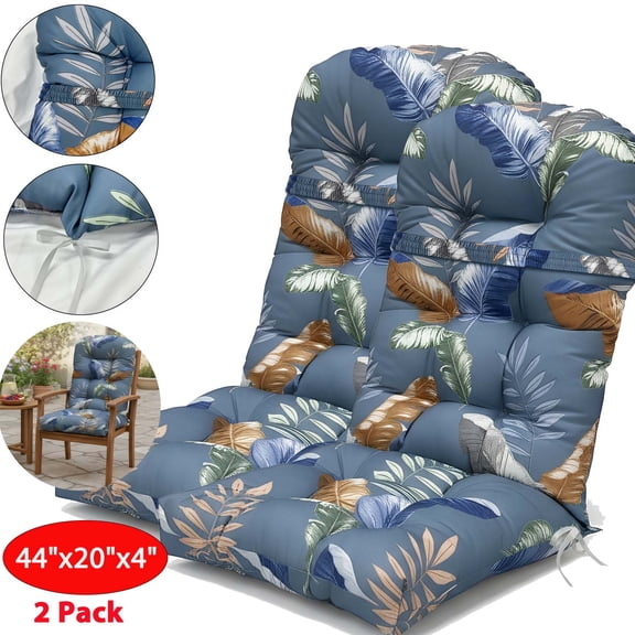 SHANNA 2 Pack Rocking Chair Cushion, Waterproof and Fade-Resistant Patio Chair Cushions, Non-Slip Indoor Rocking Chair Cushion with Ties, Thicken Chair Pads for Adirondack, 44"x20"x4", Blue Leaves