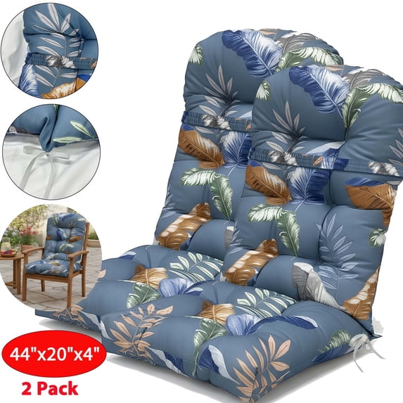 SHANNA 2 Pack Rocking Chair Cushion, Waterproof and Fade-Resistant Patio Chair Cushions, Non-Slip Indoor Rocking Chair Cushion with Ties, Thicken Chair Pads for Adirondack, 44"x20"x4", Blue Leaves