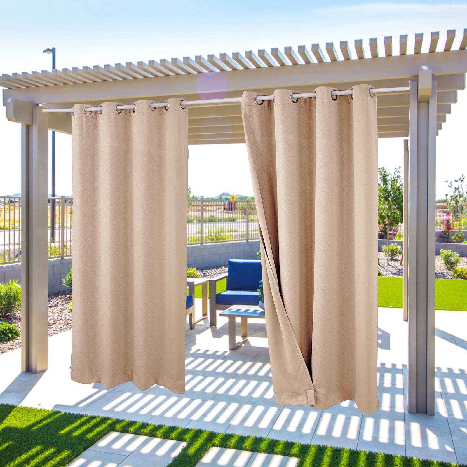 SHANNA 2 Panel Outdoor Curtains, Waterproof Windproof UV Protection Blackout Curtains with Eyelets, 3D Textured Pattern for Garden, Pergola, Balcony, Beige, 52 X 108 inch