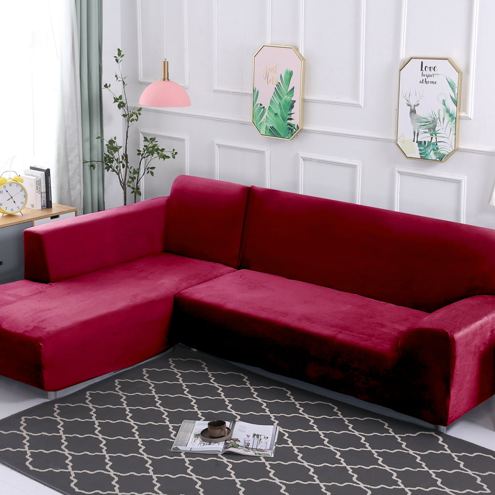 SHANNA 2 Piece Thick Velvet Stretch L Shape Sofa Covers Anti-Slip Sectional Sofa Couch Slipcover(L-shape 2 Seater+3 Seater,Burgundy)