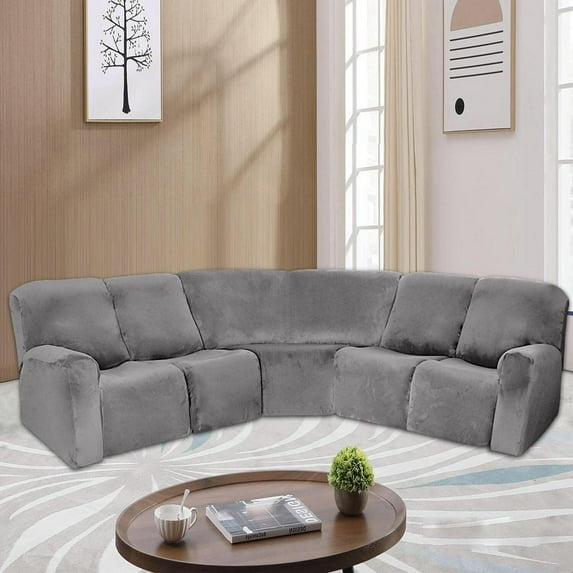 SHANNA 5 Seater Recliner Cover, 7 Piece Velvet Recliner Corner Sofa Cover, Stretch L Shape Reclining Sectional Couch Covers for 5 Cushion Sofa Slipcovers,Gray