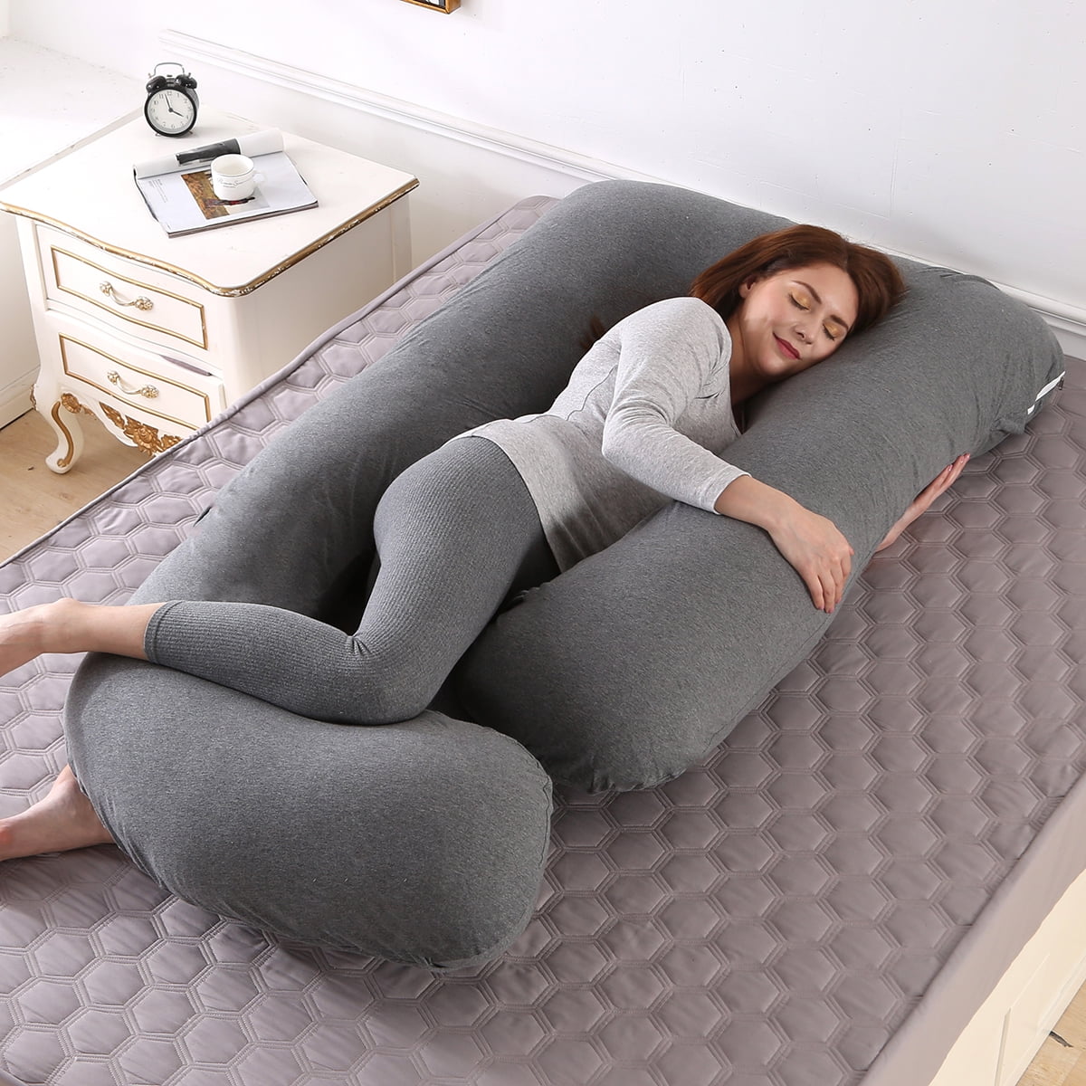 SHANNA 57in Full Body Pillow, Nursing, Maternity and Pregnancy Body Pillow, Extra Large J Shape Pillow and Lounger with Removable Cotton Cover-Dark Gray