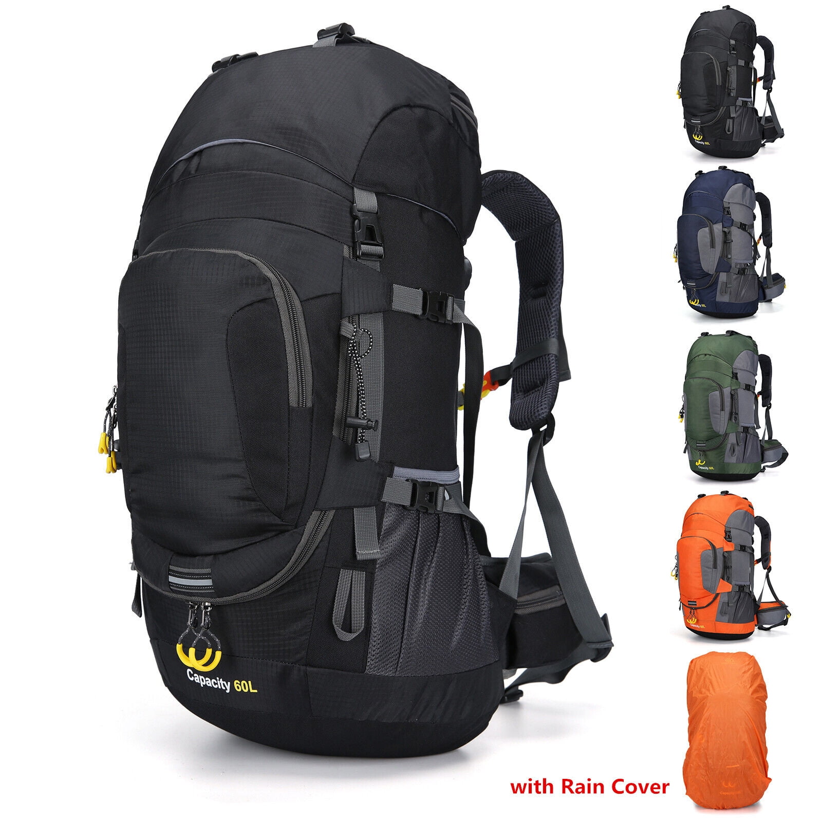 SHANNA 60L Waterproof Hiking Camping Backpack with Rain Cover Camping Rucksack Lightweight Hunting Rucksack, Black