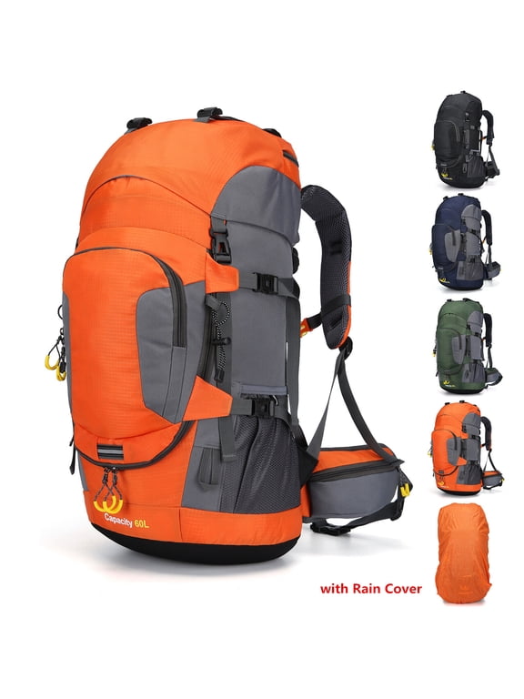 60L Waterproof Hiking Camping Backpack with Rain Cover Camping Rucksack Lightweight Hunting Rucksack,Orange