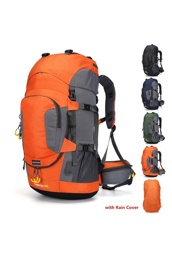 60L Waterproof Hiking Camping Backpack with Rain Cover Camping Rucksack Lightweight Hunting Rucksack,Orange