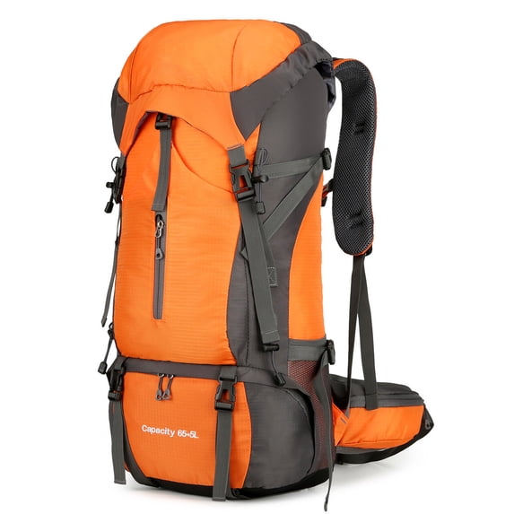 SHANNA 70L Waterproof Hiking Camping Backpack with Rain Cover Camping Rucksack Lightweight Hunting Rucksack, Orange