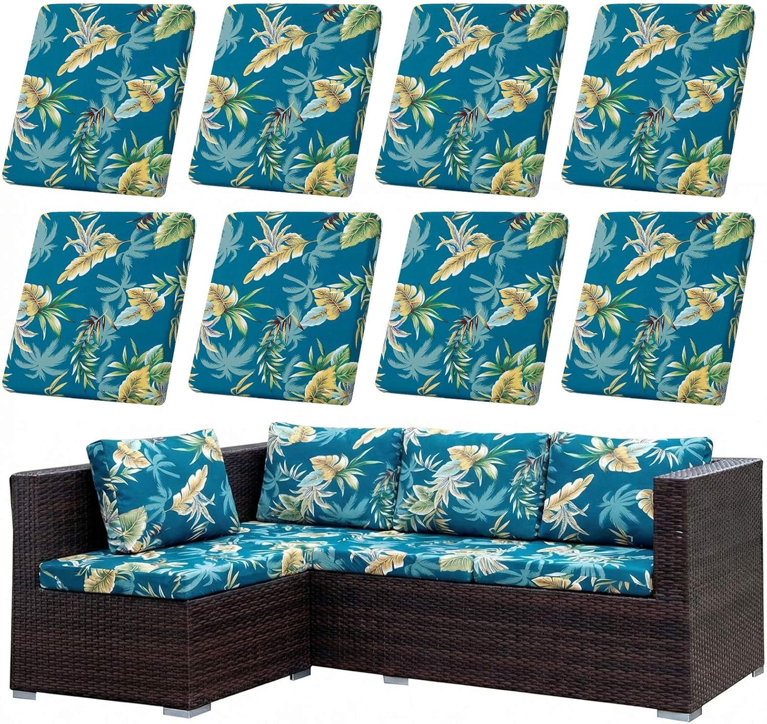 SHANNA 8 Pack Printed Patio Stretch Sofa Cushion Covers, Floral Pattern Outdoor Sofa Cushion Covers, Replacement Washable Couch Chair Cushion Covers Porch Patio Furniture Protector