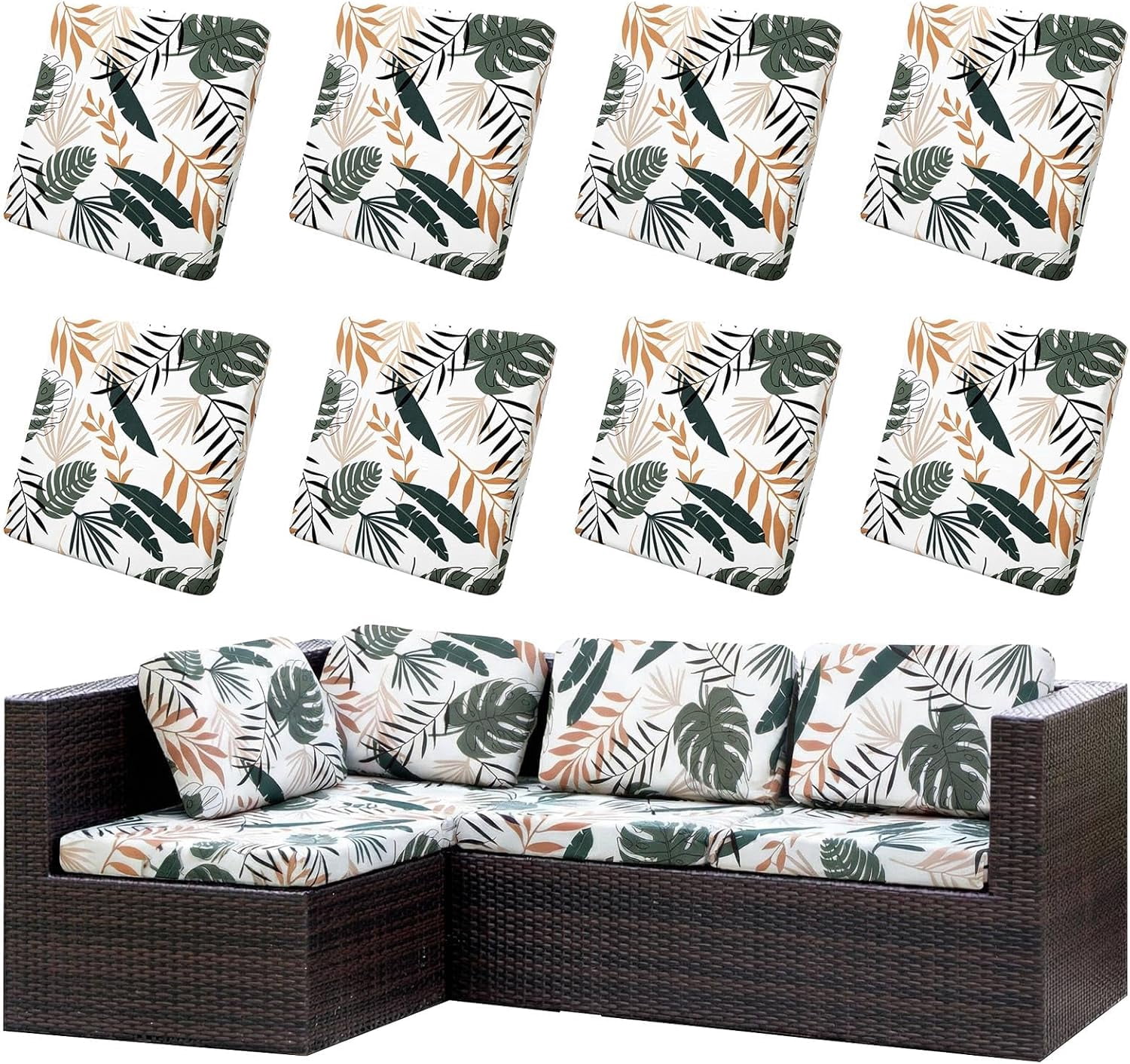 SHANNA 8 Pack Printed Patio Stretch Sofa Cushion Covers, Floral Pattern Outdoor Sofa Cushion Covers, Replacement Washable Couch Chair Cushion Covers Porch Patio Furniture Protector